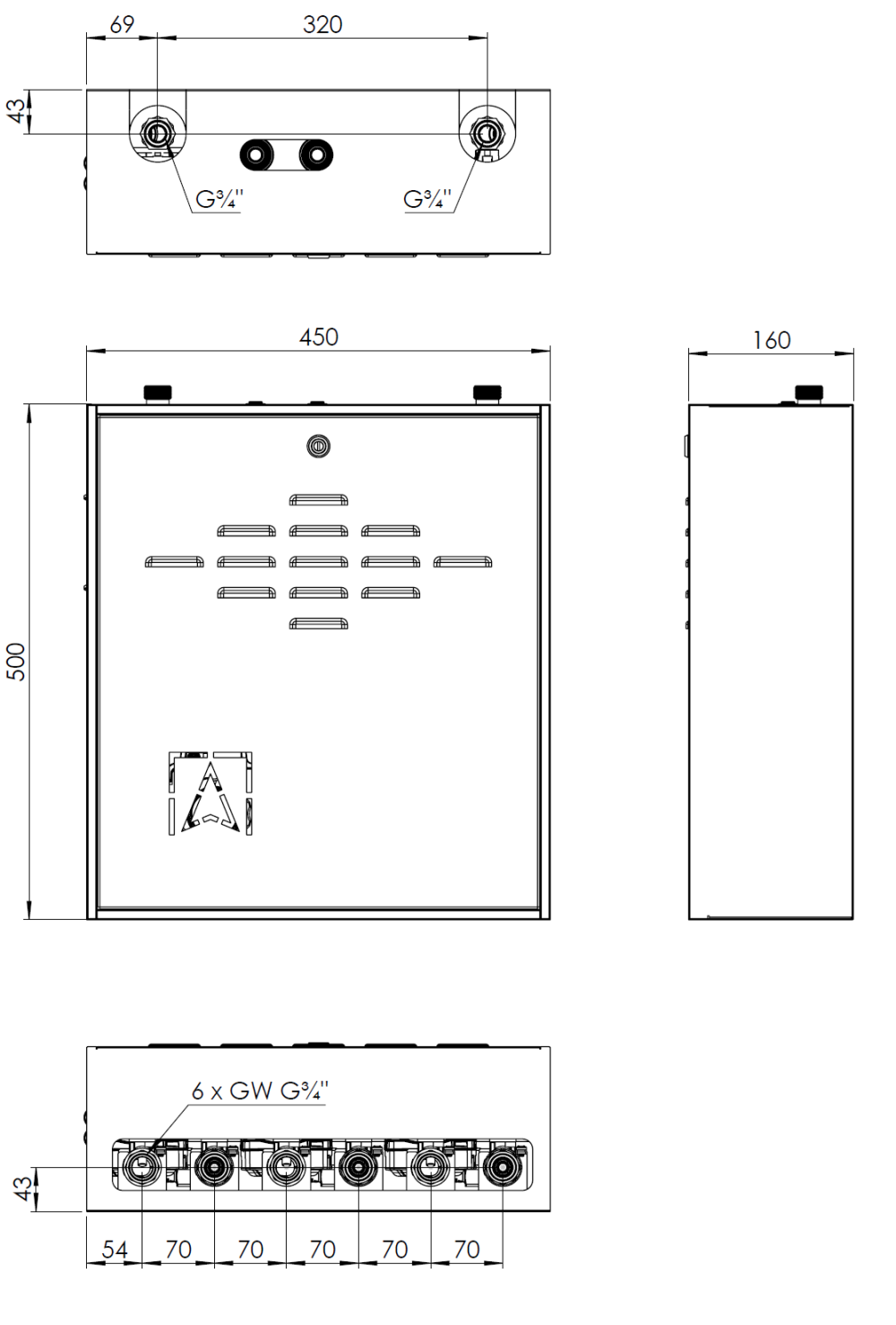 7636500 PrimoBox AZB 365 с гидрострелкой, 3 контура со смесительным клапаном и приводом ARM - Размеры AFRISO 1