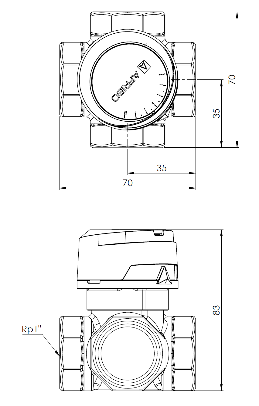 1348410 WYCOFANY Z OFERTY - 4-ходовой поворотный смесительный клапан ARV 484 ProClick, DN25, ВР1", Kvs 10 - Размеры AFRISO 1
