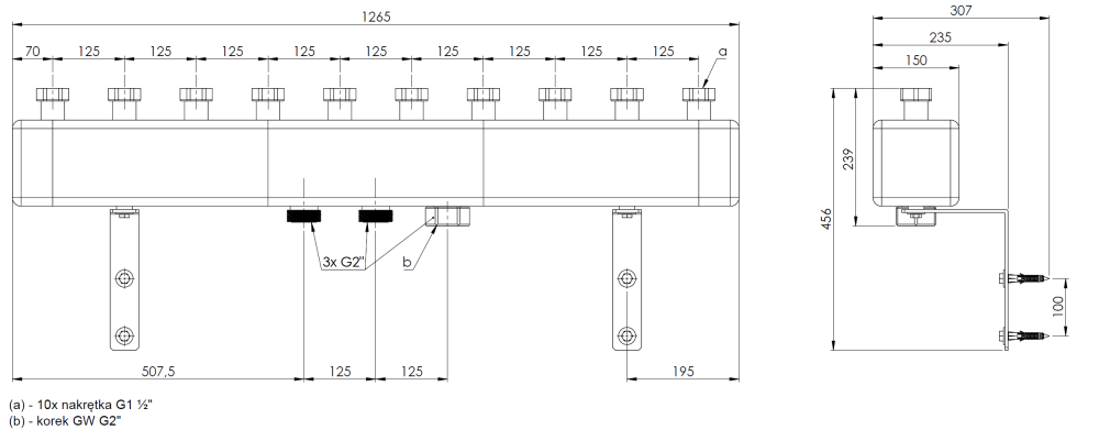 77322 Коллектор KSV 125-5, 160 кВт, для 5 насосных контуров - Размеры AFRISO 1