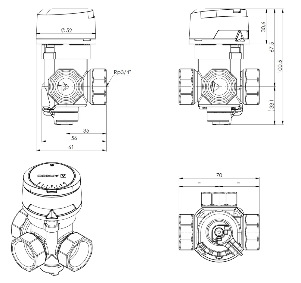 1338220 3-ходовой поворотный смесительный клапан ARV 382 Vario ProClick, DN20, ВР3/4", Kvs 3,5-9 - Размеры AFRISO 1