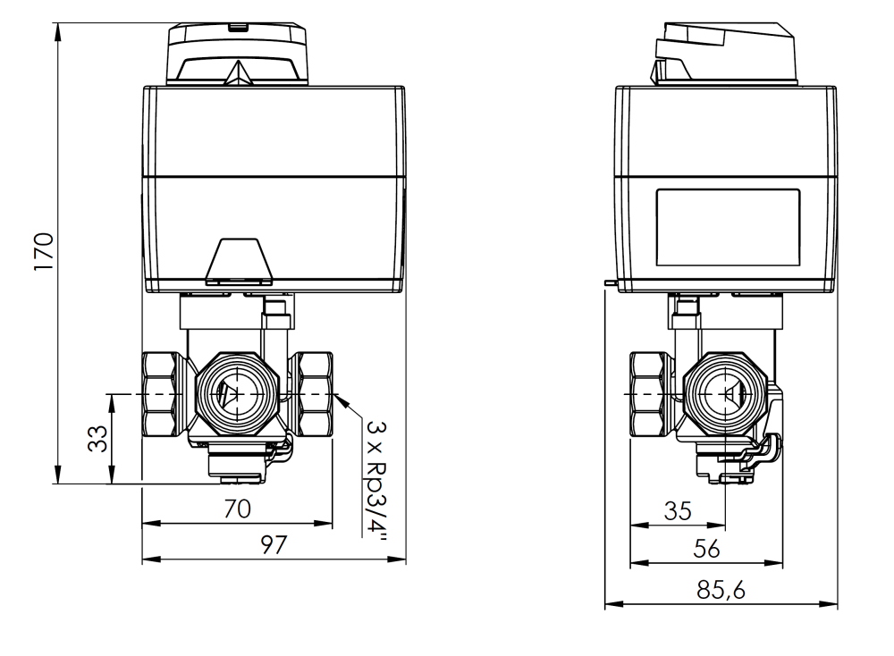1338254 Управляющий набор ProClick: 3-ходовой поворотный смесительный клапан ARV 382 Vario ProClick, DN20, ВР3/4", Kvs 3,5-9 м³/ч + электрический привод ARM 343 ProClick - Размеры AFRISO 1