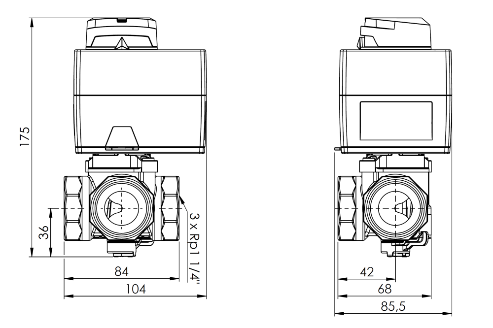 1338554 Управляющий набор ProClick: 3-ходовой поворотный смесительный клапан ARV 385 Vario ProClick, DN32, ВР1 1/4", Kvs 7,5-19 м³/ч + электрический привод ARM 343 ProClick - Размеры AFRISO 1