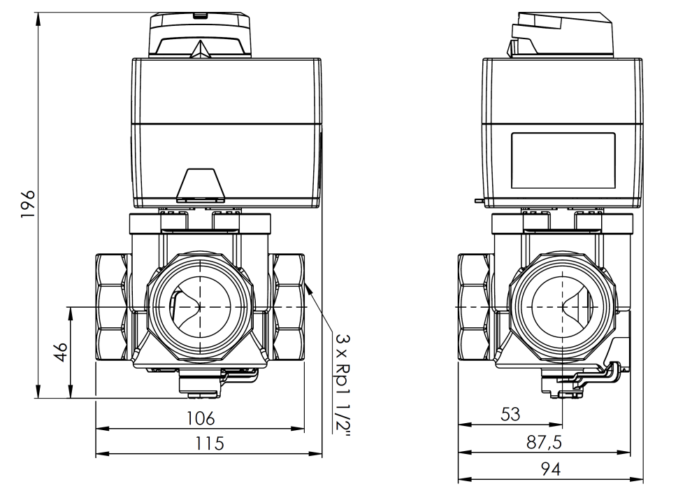 1338654 Управляющий набор ProClick: 3-ходовой поворотный смесительный клапан ARV 386 Vario ProClick, DN40, ВР1 1/2", Kvs 14-36 + электрический привод ARM 343 ProClick - Размеры AFRISO 1