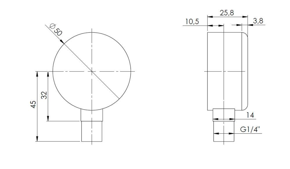 63123 Манометр RF 50, fi50 мм, 0÷10 бар, НР1/4", rad, кл. 2,5 - Размеры AFRISO 1