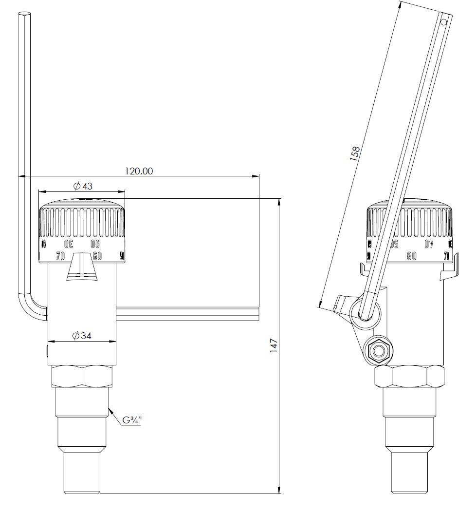 42294 Термостатический регулятор тяги FR1, диапазон регулирования 30÷90°C, НР3/4" - Размеры AFRISO 1