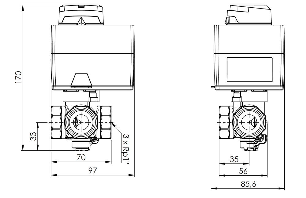 1338454 Управляющий набор ProClick: 3-ходовой поворотный смесительный клапан ARV 384 Vario ProClick, DN25, ВР1", Kvs 4,5-12 м³/ч + электрический привод ARM 343 ProClick - Размеры AFRISO 1