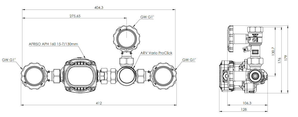 9013020 Насосный узел защиты котла от низкотемпературной коррозии BRA 130 AP с поворотным клапаном ARV ProClick, AFRISO APH 160 - Размеры AFRISO 1