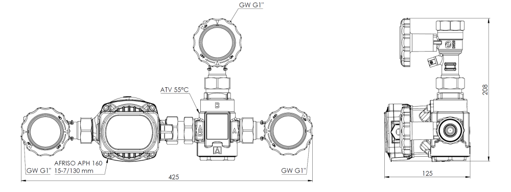 9011020 Насосный узел защиты котла от низкотемпературной коррозии BTA 110 AP с поворотным клапаном ATV 60°C, AFRISO APH 160 - Размеры AFRISO 1
