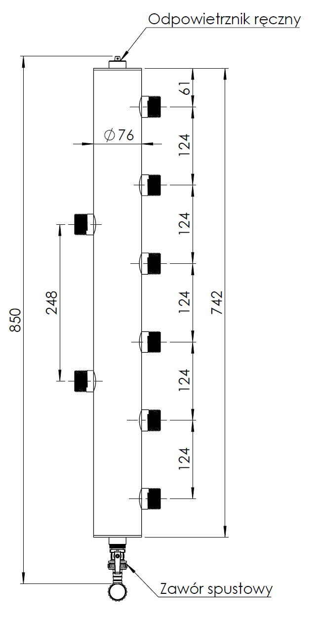 9089010 Коллектор BLH 890 с гидрострелкой на 3 контура, 70 кВт - Размеры AFRISO 1