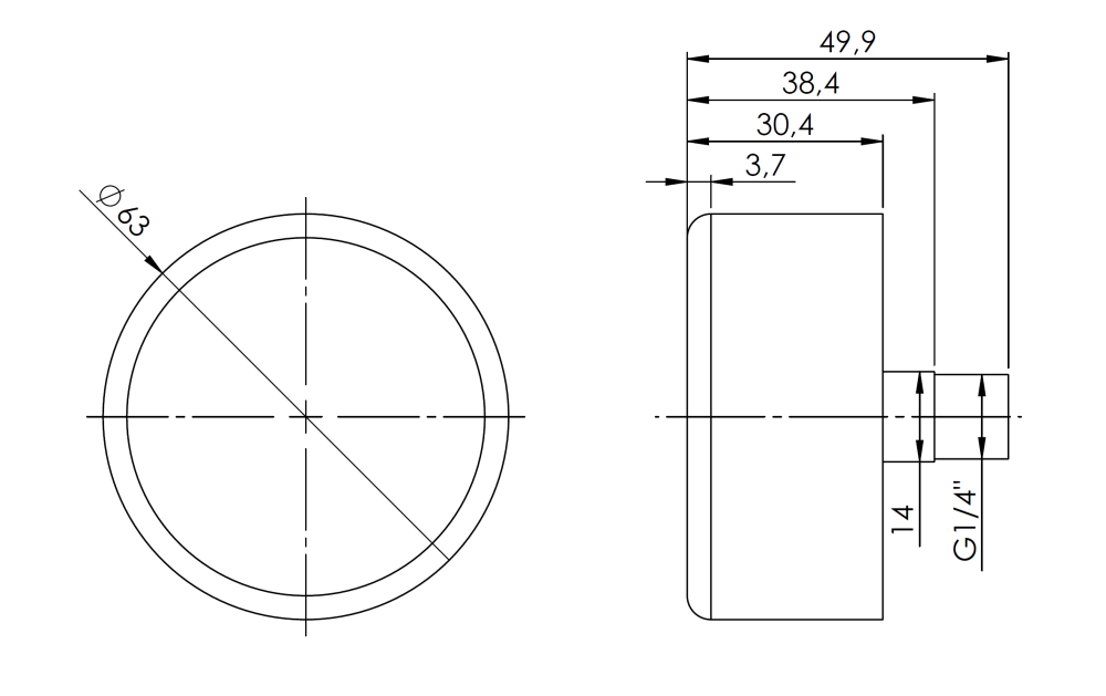 63540 Манометр RF 63, fi63 мм, 0÷16 бар, НР1/4", ax, кл. 2,5 - Размеры AFRISO 1