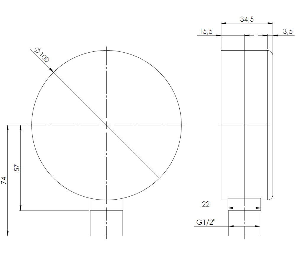 63613 Манометр RF 100, fi100 мм, 0÷6 бар, НР1/2", rad, кл. 2,5 - Размеры AFRISO 1