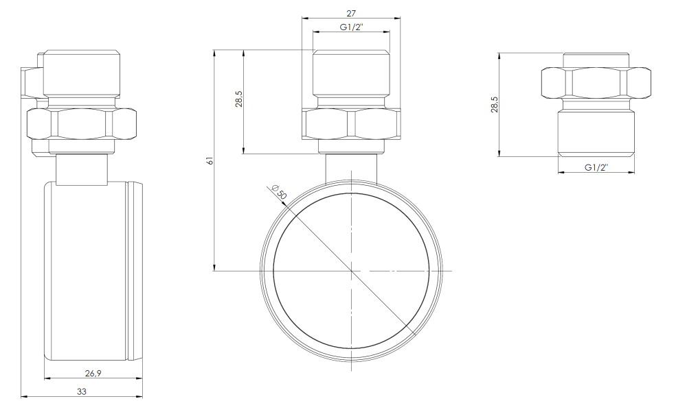 80920 Манометр RF50 с монтажным клапаном для коллектора грунтового источника тепла ProCalida GT3 или IN - Размеры AFRISO 1