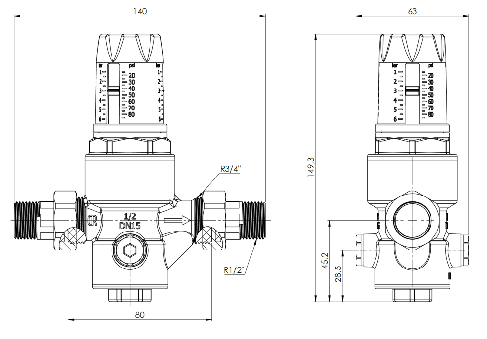 9042100 Редуктор давления воды BPR 421 с фильтрующей сеткой, полувинты НР1/2" - Размеры AFRISO 1