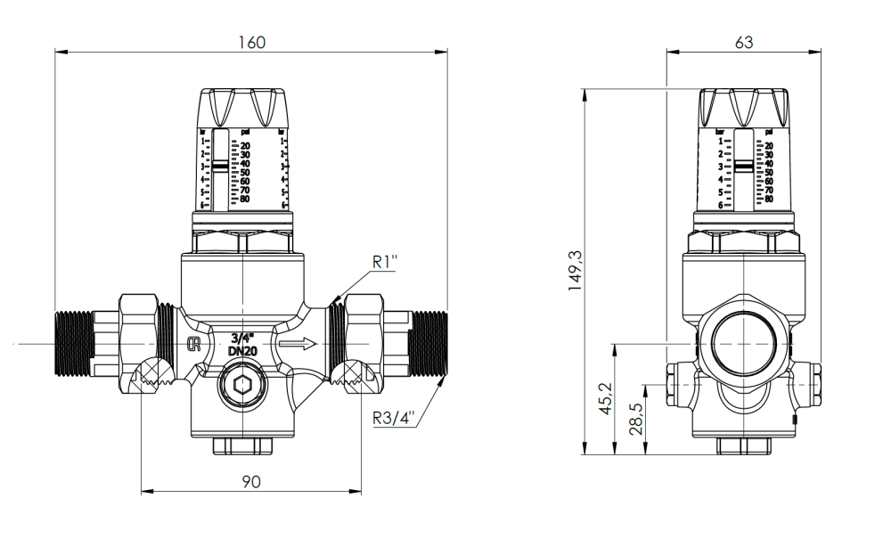 9042200 Редуктор давления воды BPR 422 с фильтрующей сеткой, полувинты НР3/4" - Размеры AFRISO 1