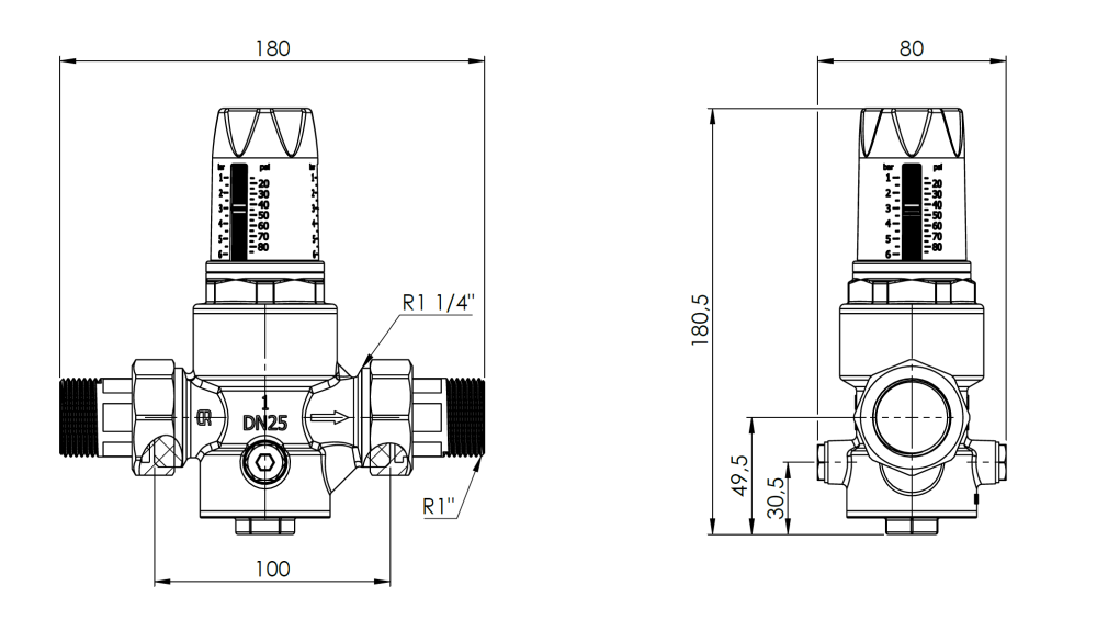 9042300 Редуктор давления воды BPR 423 с фильтрующей сеткой, полувинты НР1" - Размеры AFRISO 1
