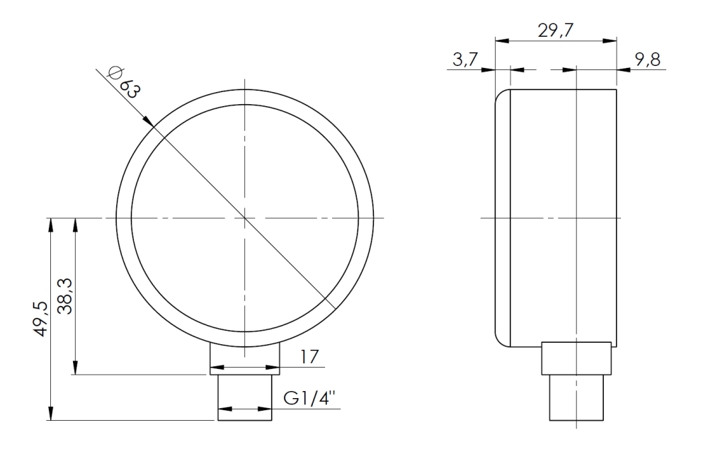 63911 Манометр HZ 63, fi63 мм, 0÷4 бар, НР1/4", rad, кл. 2,5 - Размеры AFRISO 1