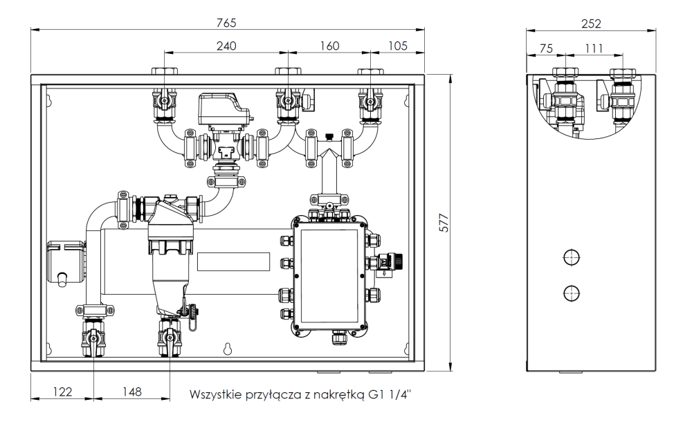 7690000 Гидравлический набор для тепловых насосов AMB 900, с погружным нагревателем 9 кВт, переключающим клапаном AZV, сепаратором шлама ADS 181, соединения ВР1 1/4" - Размеры AFRISO 1