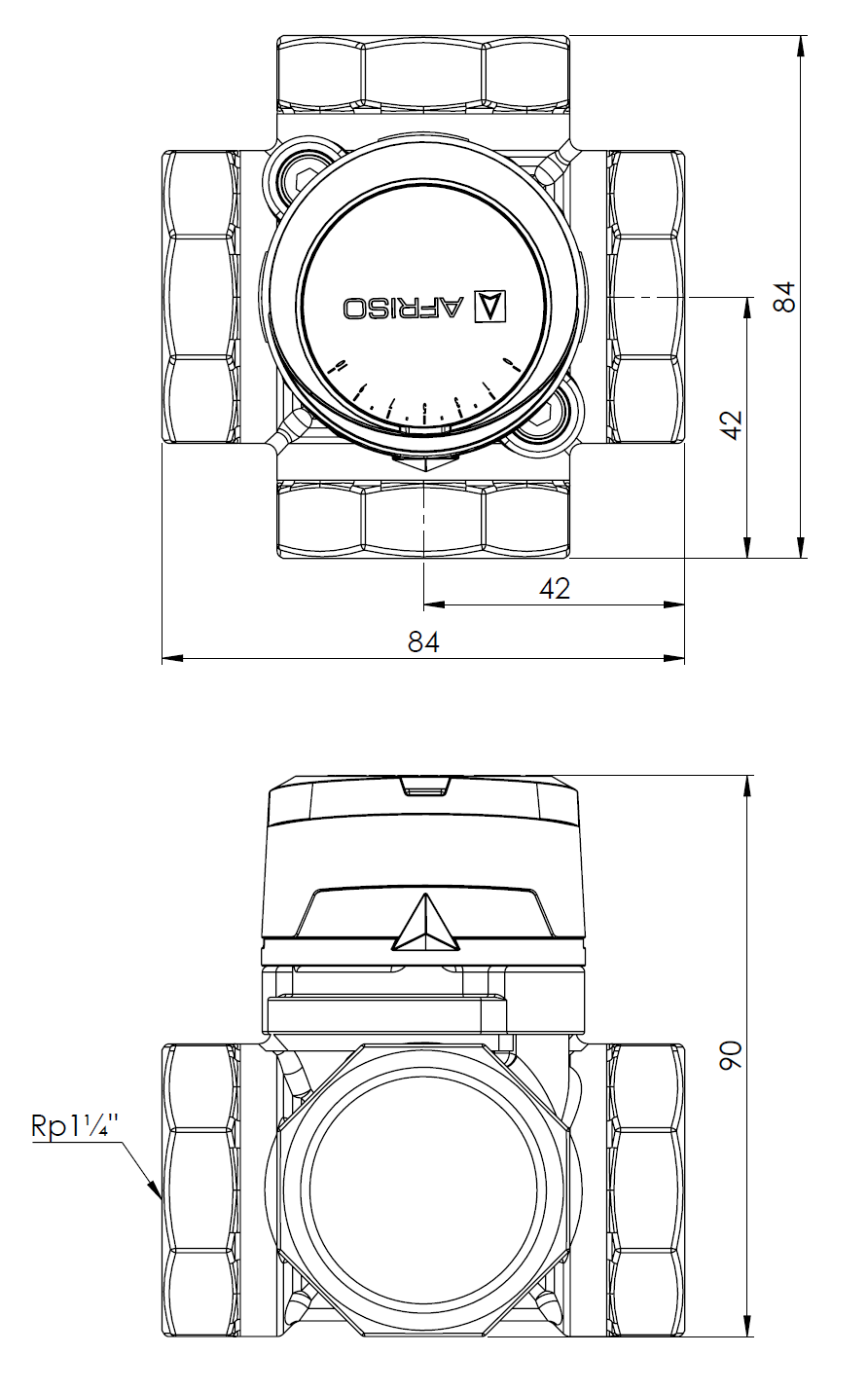 1348510 4-ходовой поворотный смесительный клапан ARV 485 ProClick, DN32, ВР1 1/4", Kvs 16 - Размеры AFRISO 1
